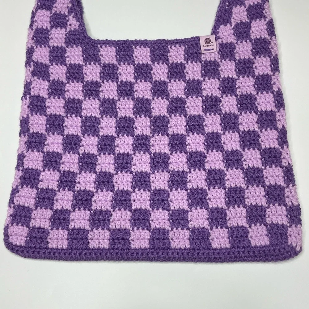 Handmade Amethyst & Soft‎ Purple Checker Checkerboard Crochet Shoulder Tote Bag